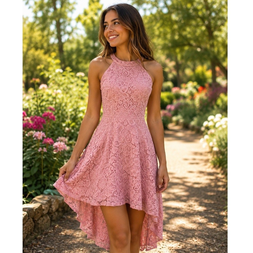 Modecrush Pink Floral Lace High Low Halter Neck Cocktail Dress Womens Medium